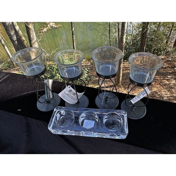 4 Greenbrier Int. Black Metal & Heavy Clear Glass Candle Holders Brand New -A29 - Picture 3 of 12